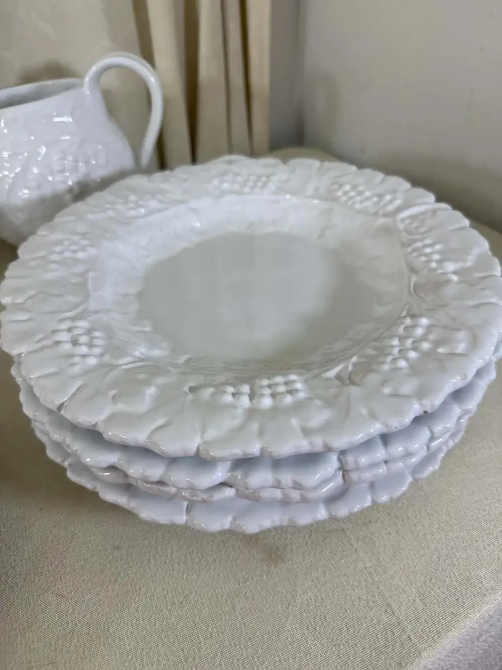 Vintage Italian Embossed Grape & Leaf White Ceramic Set *See Description